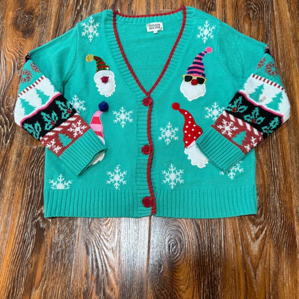 Major Major Size L Womens Teal Green Gnome Snowflake Christmas Cardigan Sweater